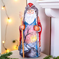 Hand carved wooden Santa figurine 9 inch, sunset winter landscape, mantel display