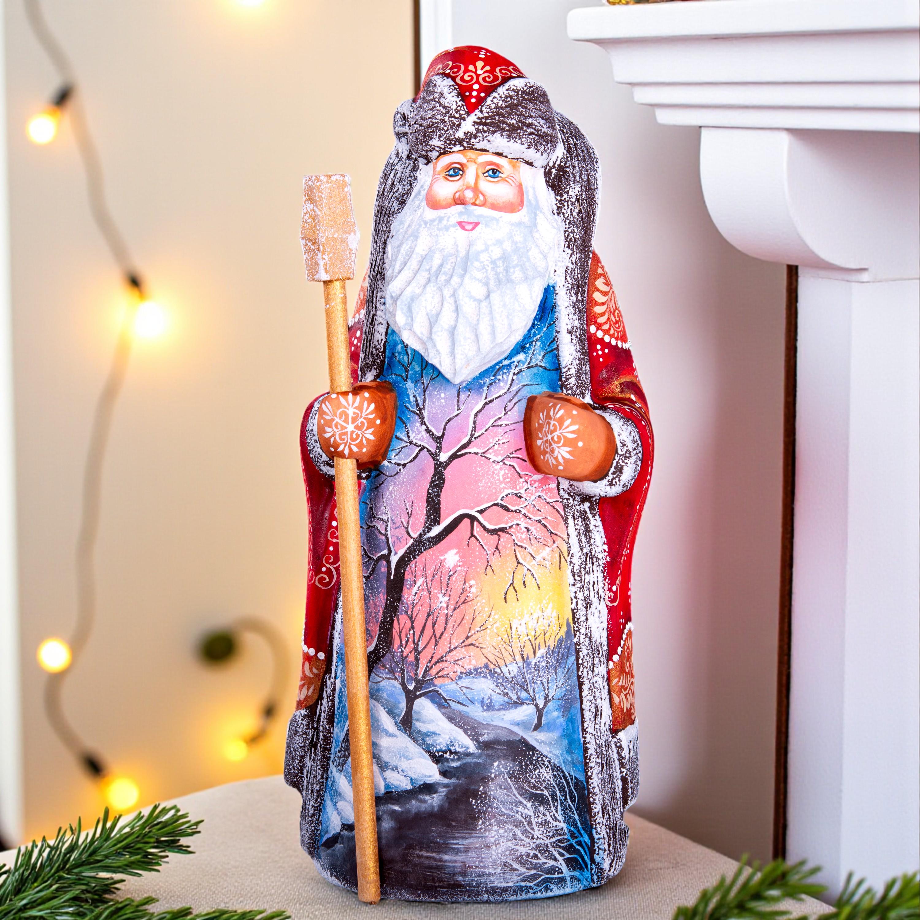 Hand carved wooden Santa figurine 9 inch, sunset winter landscape, mantel display