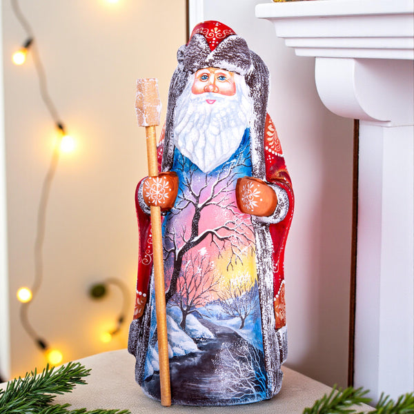 Hand carved wooden Santa figurine 9 inch, sunset winter landscape, mantel display