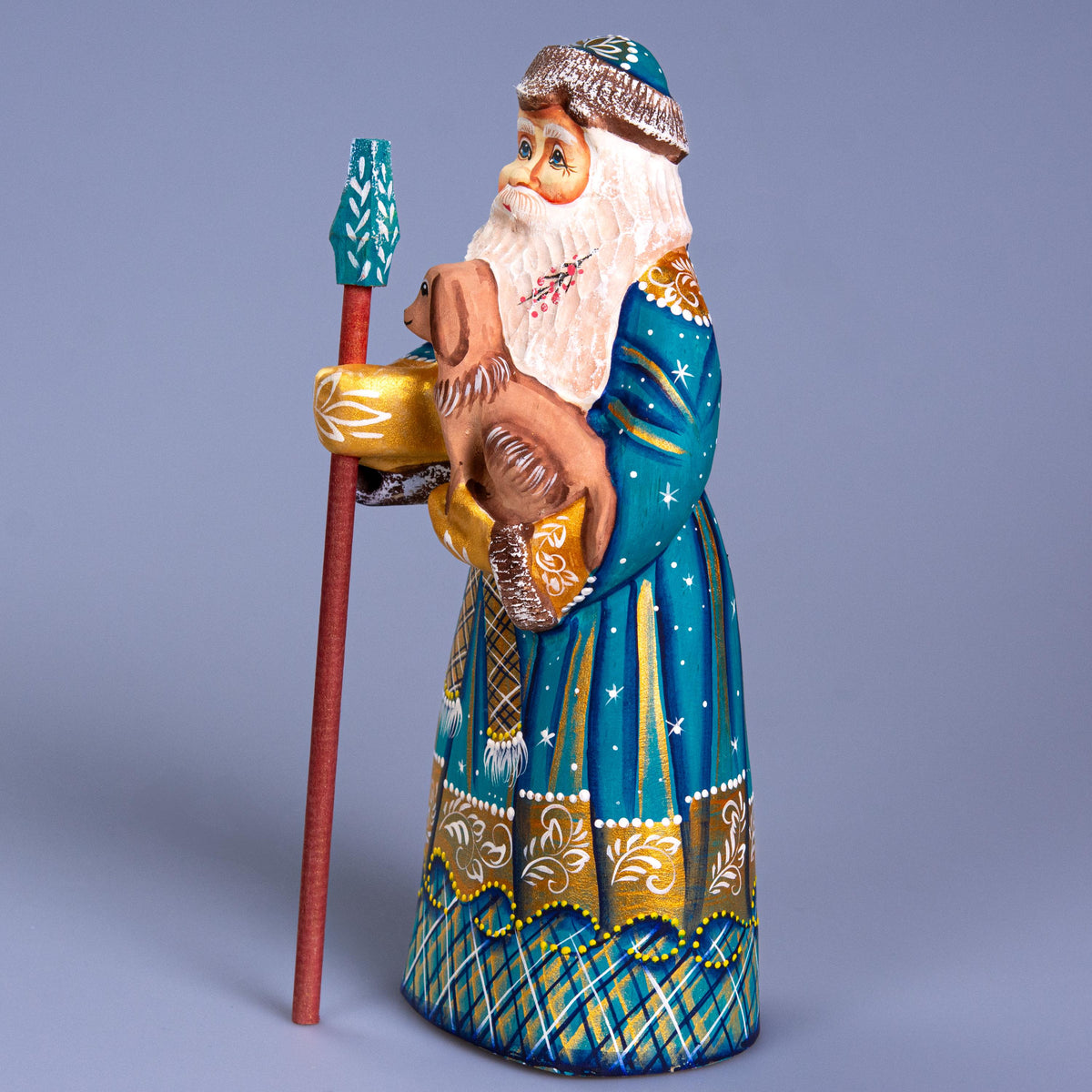 Hand Carved Wooden Santa Figurine with Dog 9 inch: Blue & Gold St. Nicholas