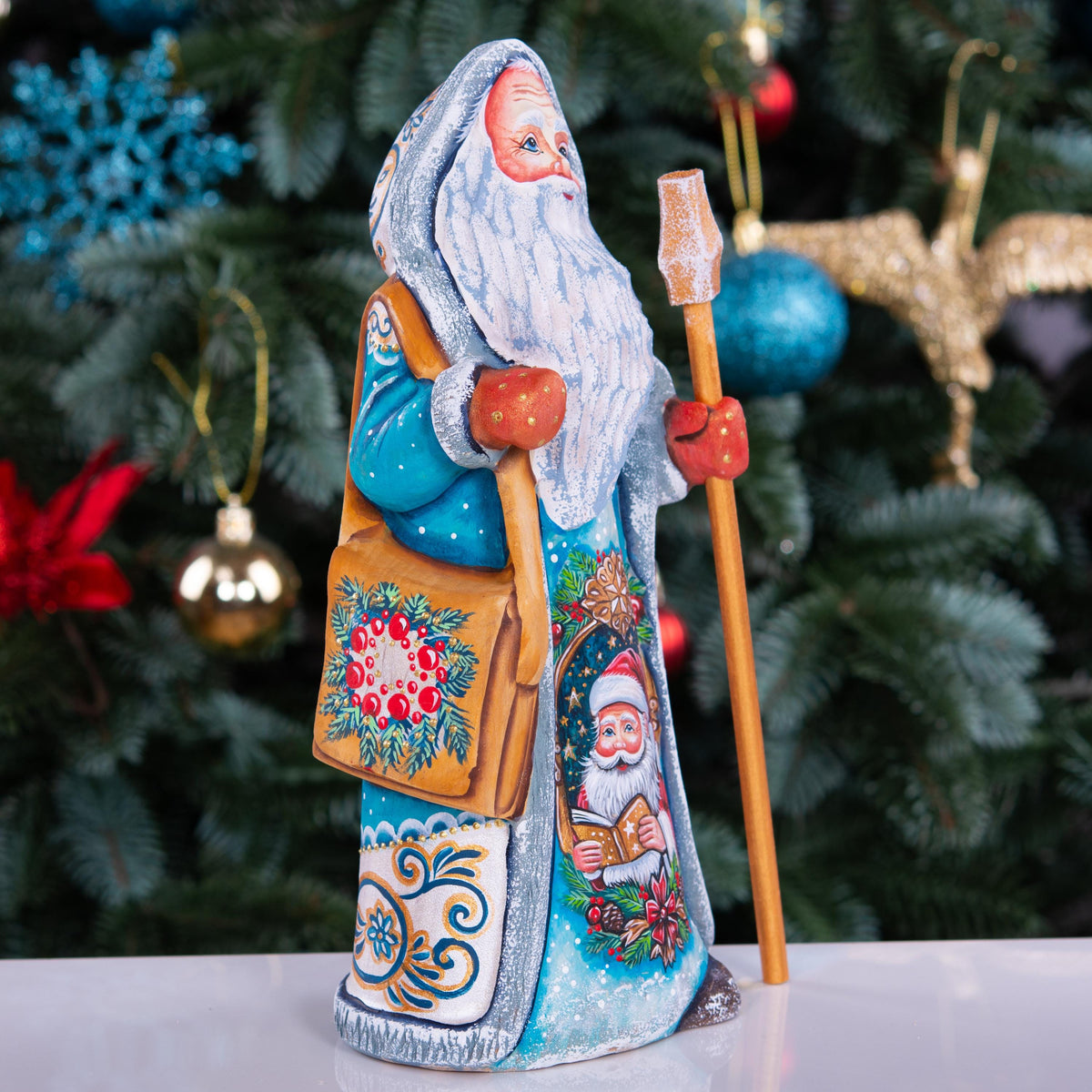 Wooden Santa Figurine Hand Carved 8.7" – Hooded Blue Father Christmas