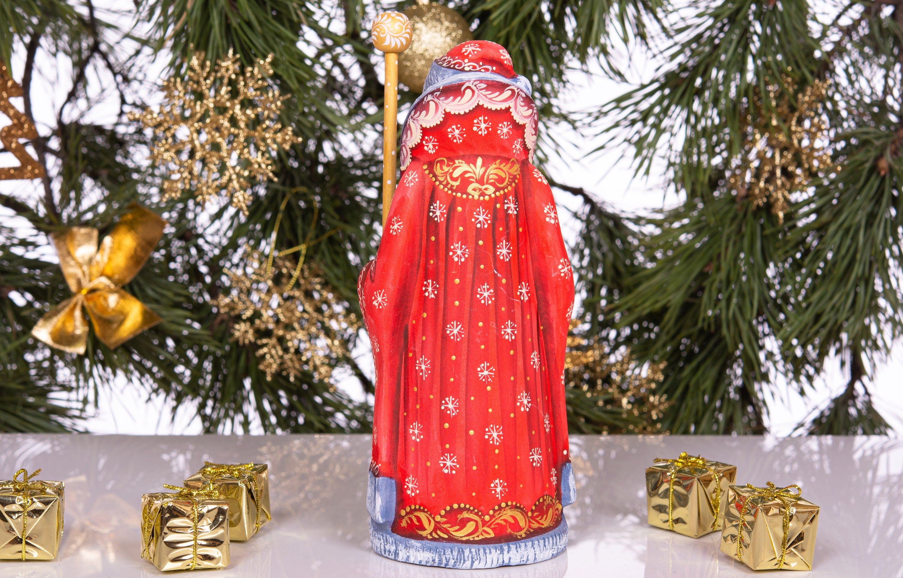 Old-World Santa Claus figurine 9 inch hand carved wood, cozy child artwork, mantel centerpiece