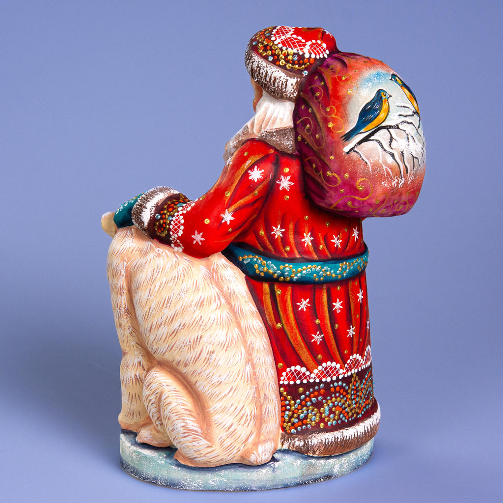 Collectible Wooden Santa Figurine 9" with Polar Bear, Mantel Décor