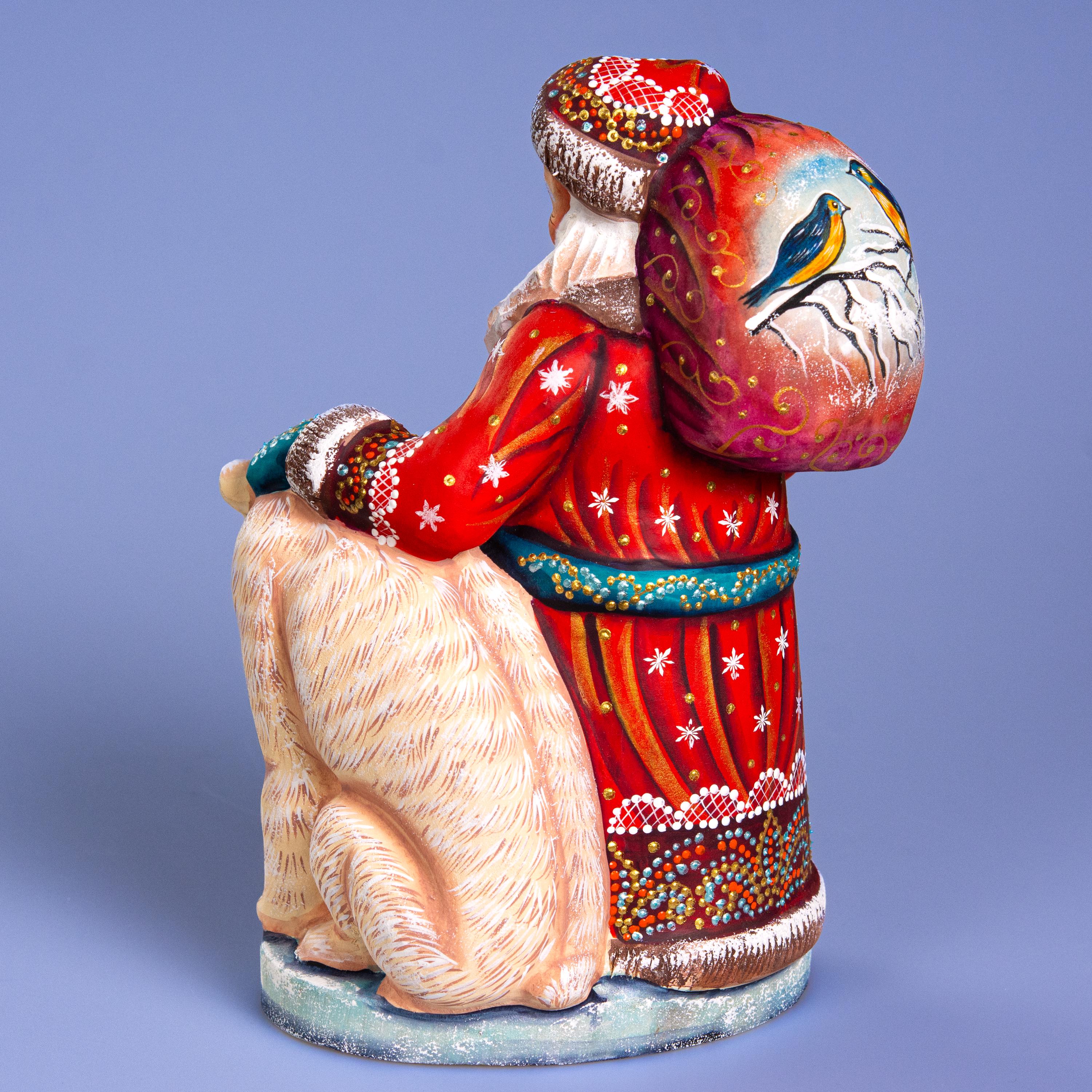 Collectible Wooden Santa Figurine 9" with Polar Bear, Mantel Décor
