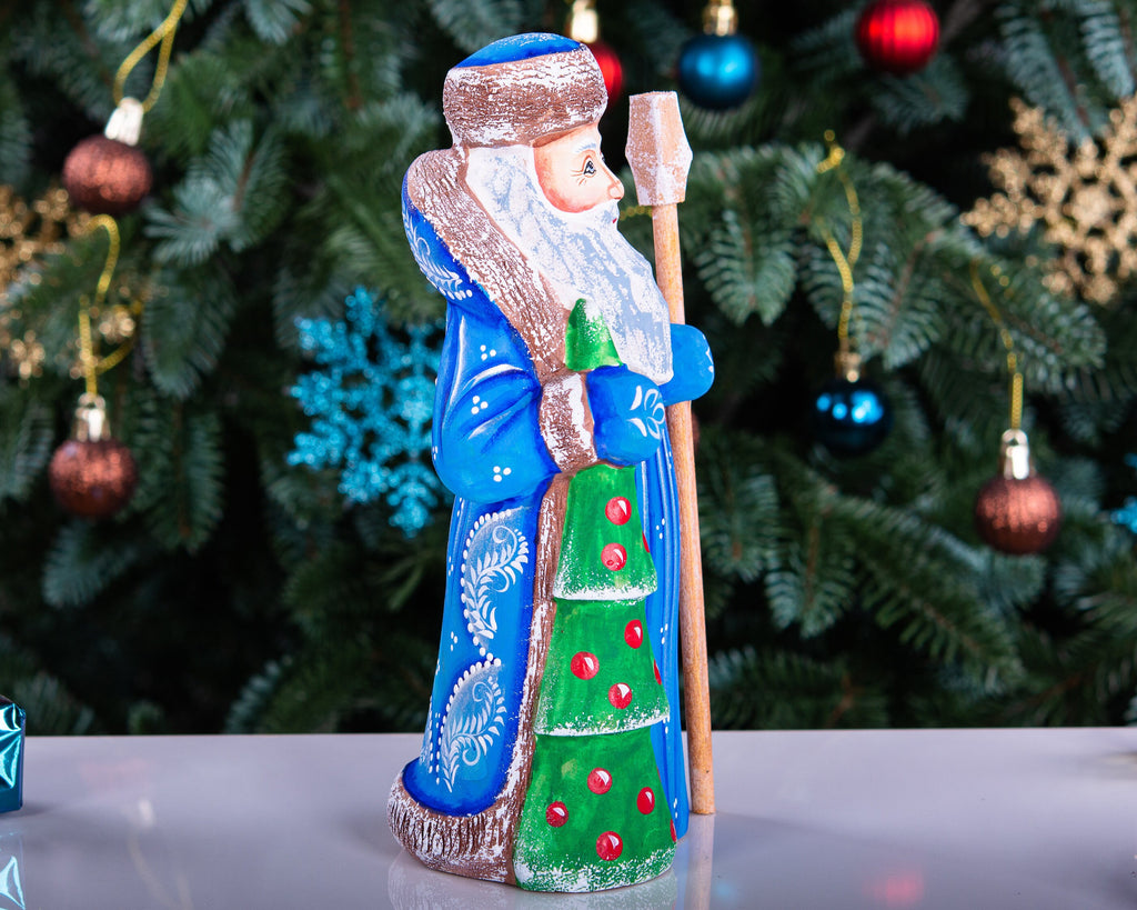 Hand carved Santa wooden figurine 7.9 inch, Christmas tree accent, holiday shelf decor