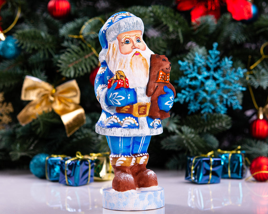 Hand carved blue Santa wooden figurine 7 inch, teddy bear gift, holiday mantel decor