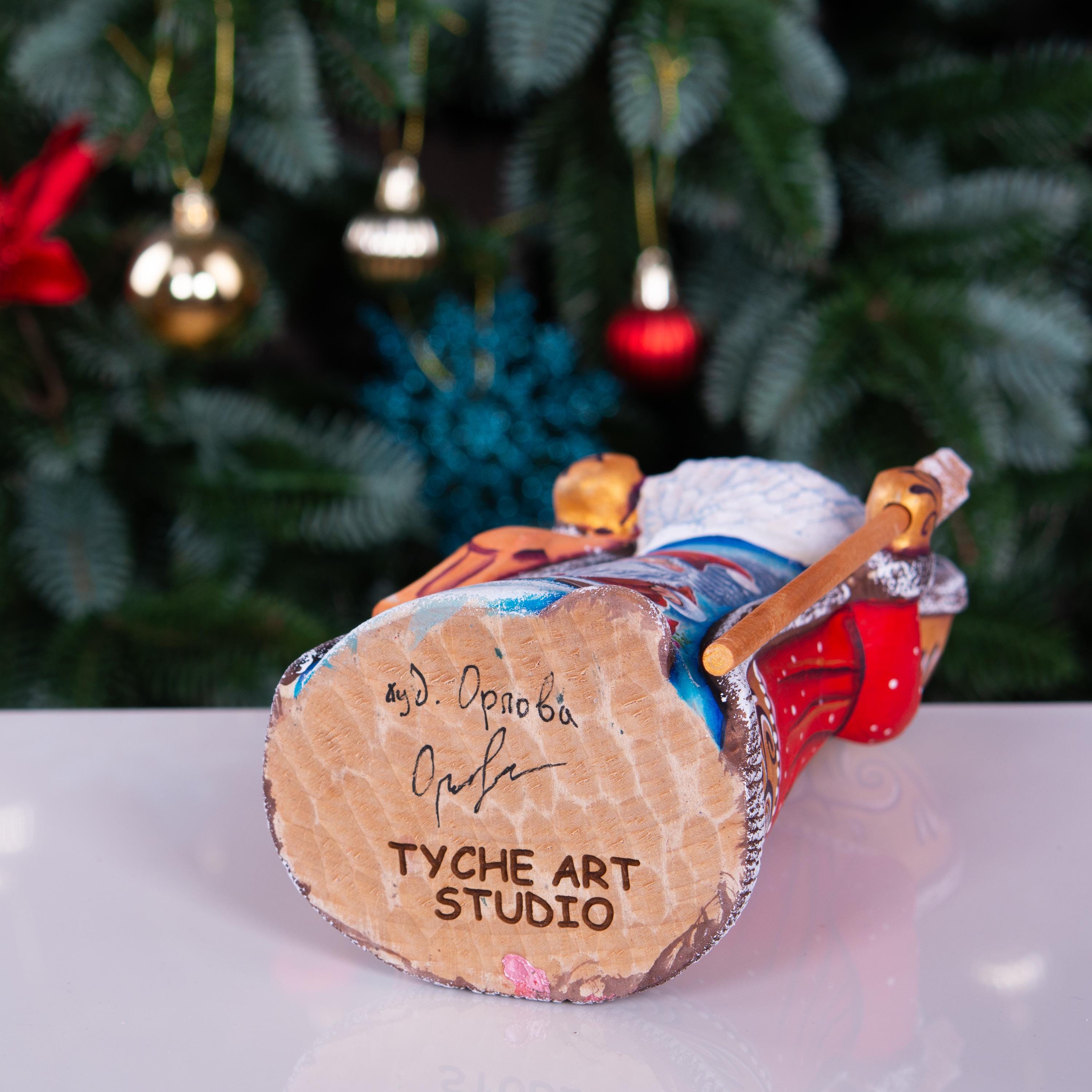 Old World Santa wooden figurine 9 inch, staff and satchel