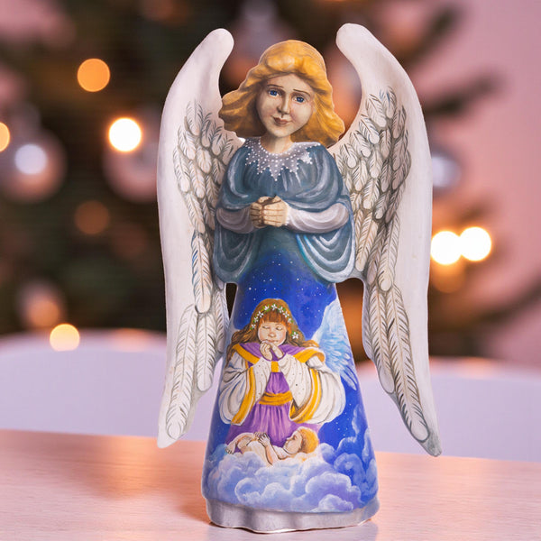 Hand painted angel figurine 9 inch, heavenly clouds scene mantel display