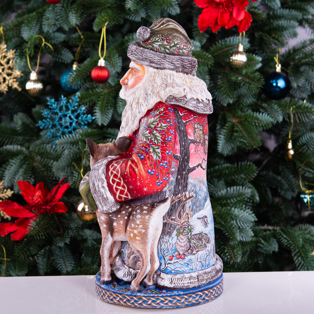 Hand carved Santa 14 inch solid wood statue, woodland animal scene