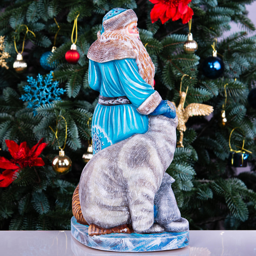 Hand carved Old-World Santa wooden figurine 14 inch, Arctic wildlife scene, mantel decor