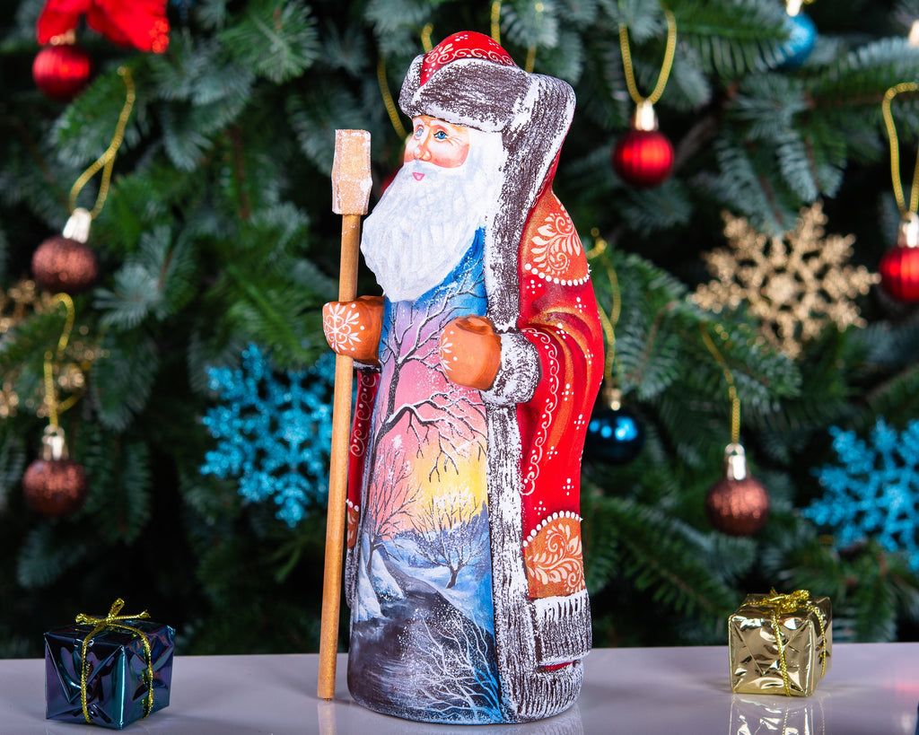 Hand carved wooden Santa figurine 9 inch, sunset winter landscape, mantel display