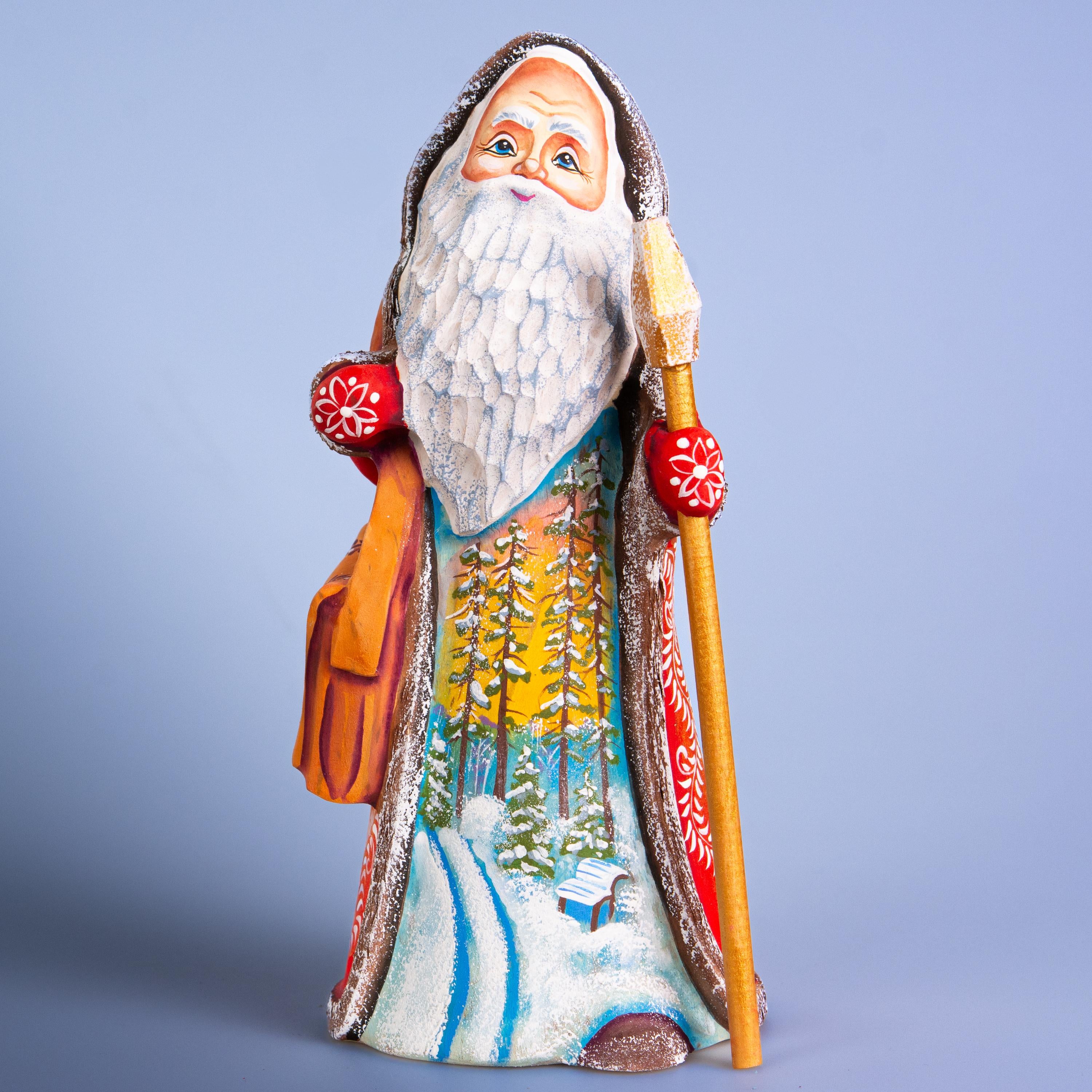 Hand carved Santa wooden figurine 9.1 inch with staff, winter forest scene mantel decor