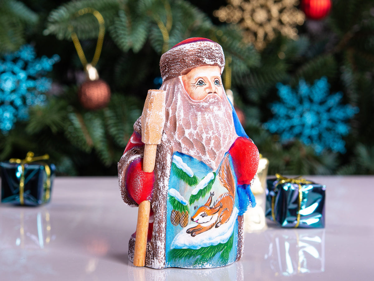Solid wood Father Christmas figurine squirrel scene tabletop gift 5.1 inch