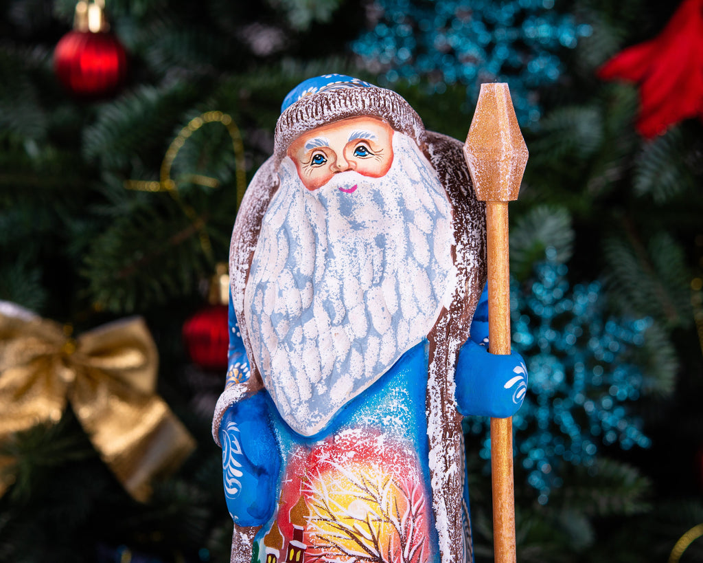 Carved wooden Santa figurine 9 inch, winter church at sunset artwork, holiday mantel centerpiece