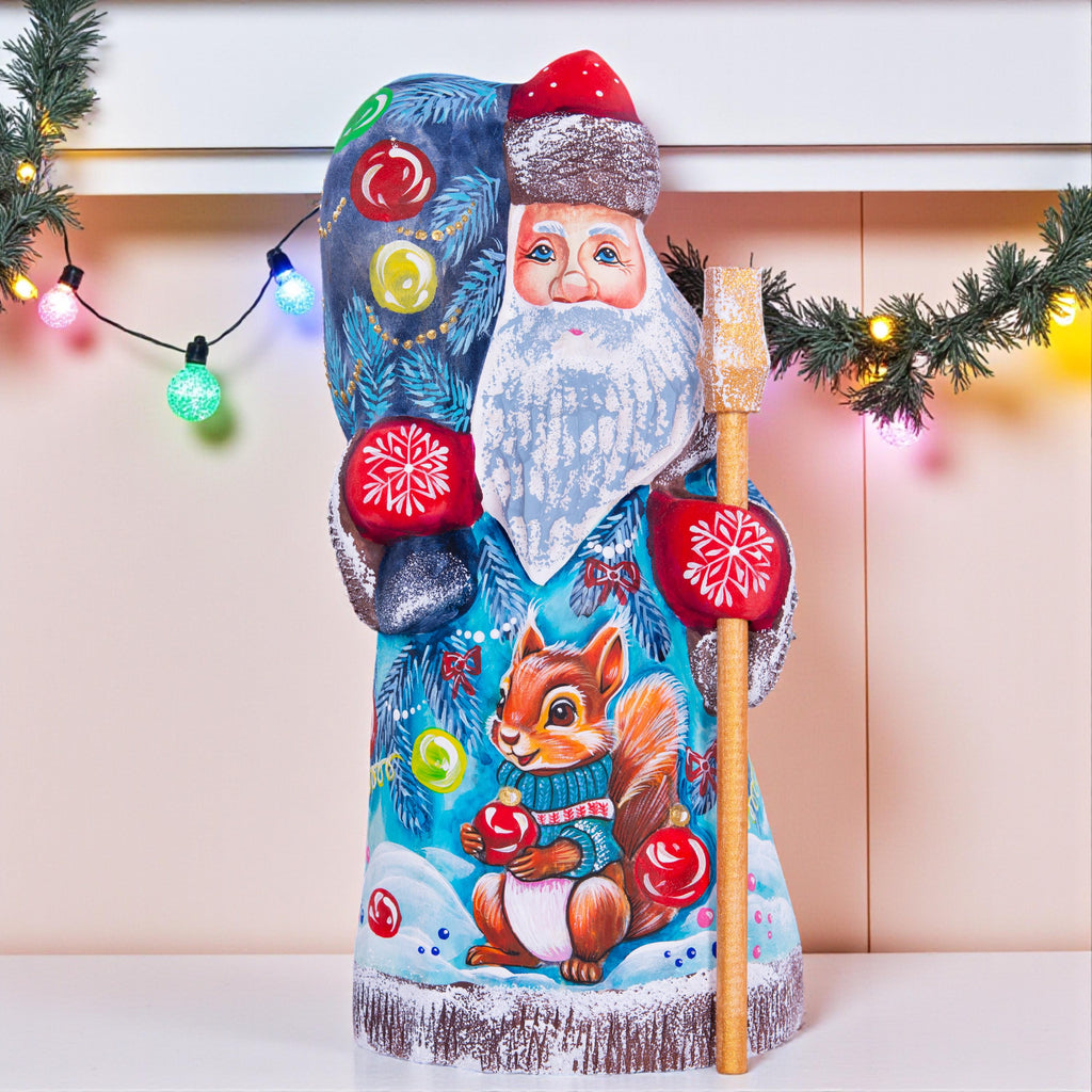 Hand carved Santa wooden figurine 8.3 inch, squirrel in winter forest, Christmas mantel decor