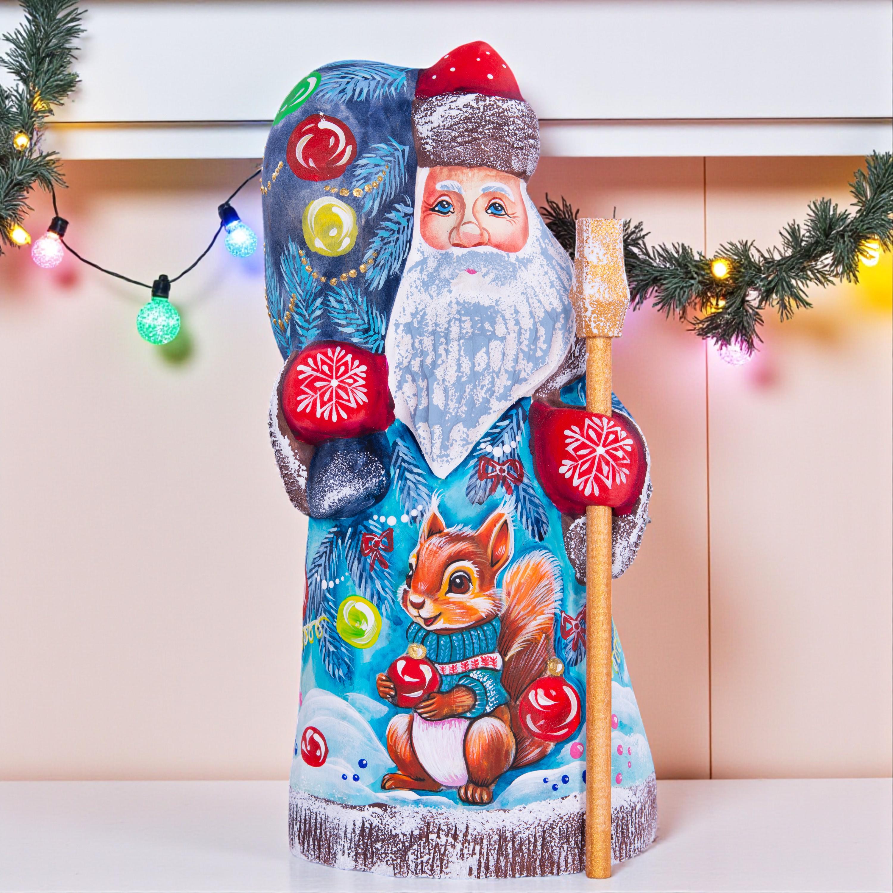 Hand carved Santa wooden figurine 8.3 inch, squirrel in winter forest, Christmas mantel decor