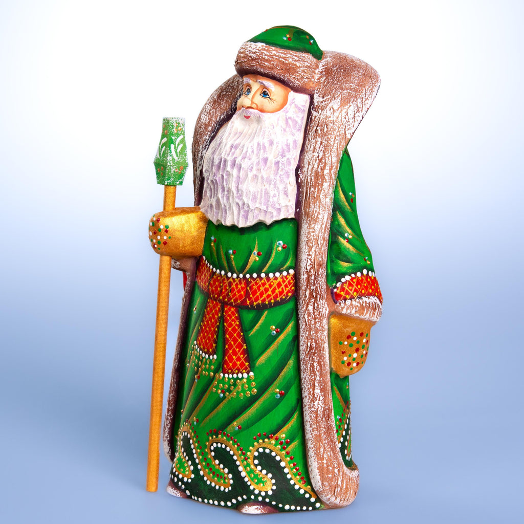 Hand carved Santa wooden figurine 9.5 inch, green coat mantel decor