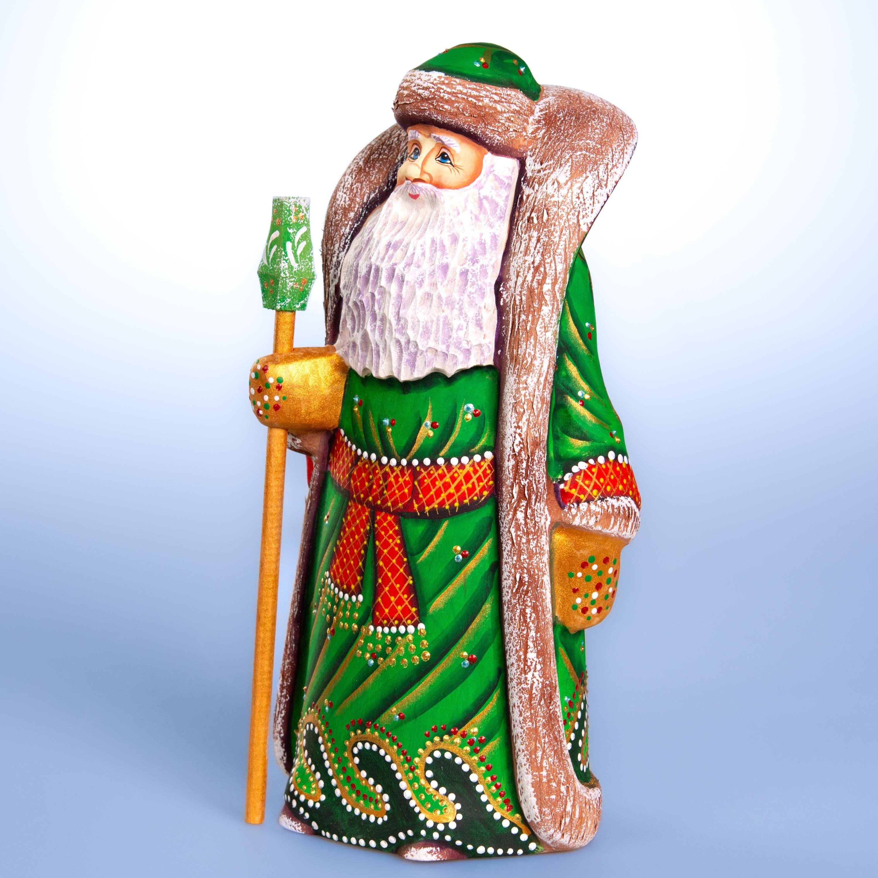 Hand carved Santa wooden figurine 9.5 inch, green coat mantel decor