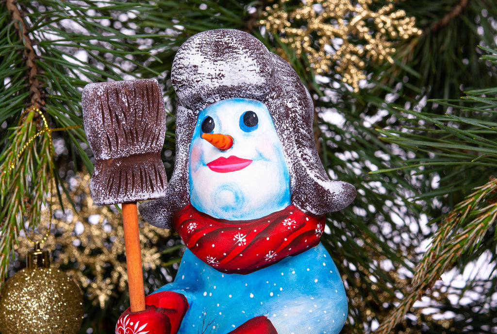 Old World snowman wood carving 9.1 inch, broom, mantel display