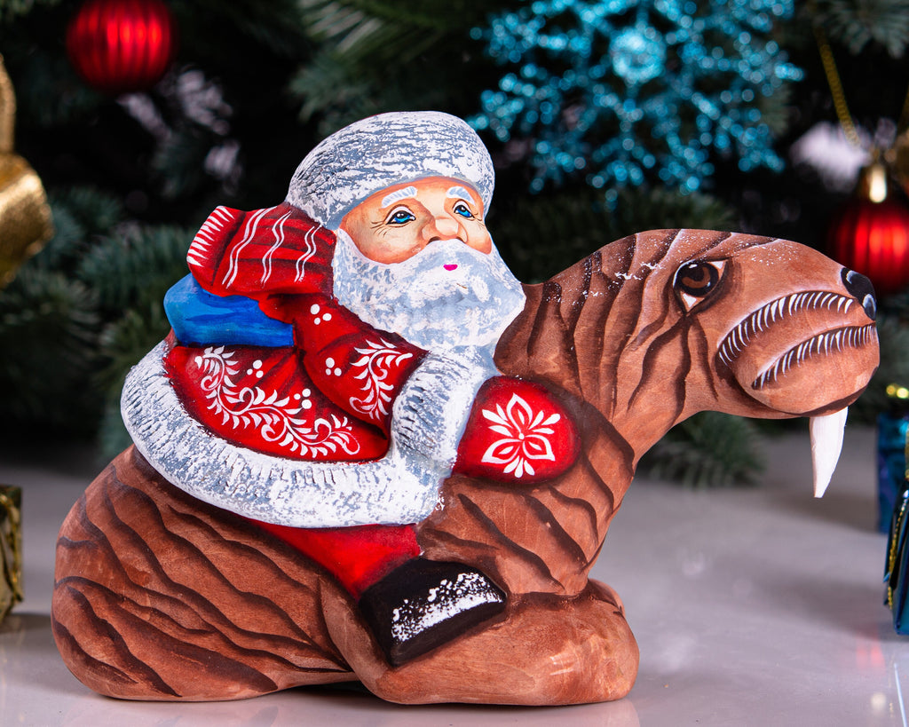 Hand Carved Wooden Santa Claus Figurine: Funny Walrus Christmas Decor