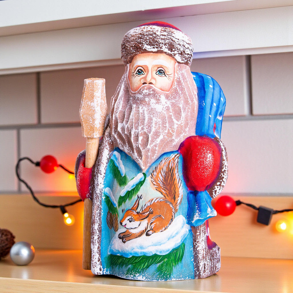 Solid wood Father Christmas figurine squirrel scene tabletop gift 5.1 inch