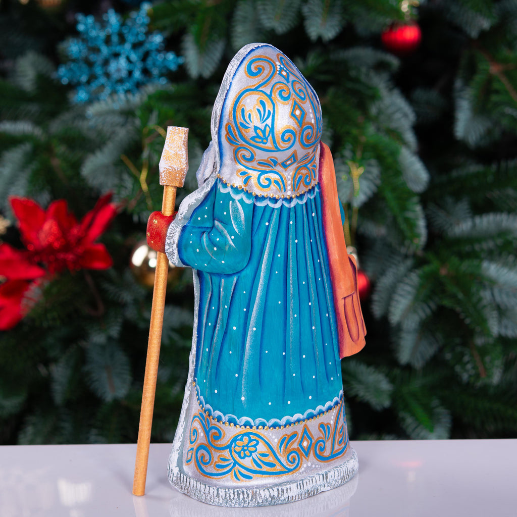 Hand carved Santa statue 9 inch, blue coat, child and teddy