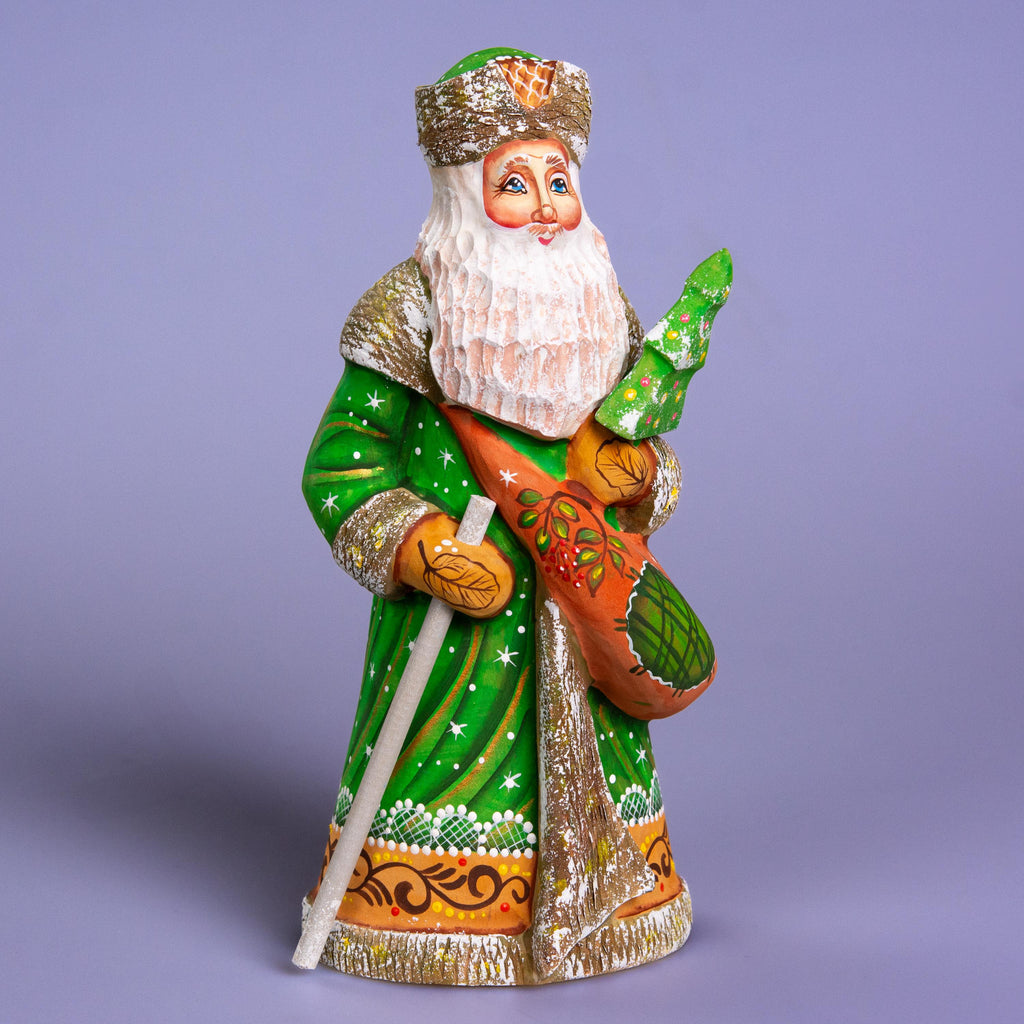 Hand carved wooden Saint Nicholas figurine 9 inch, green coat, holiday shelf decor