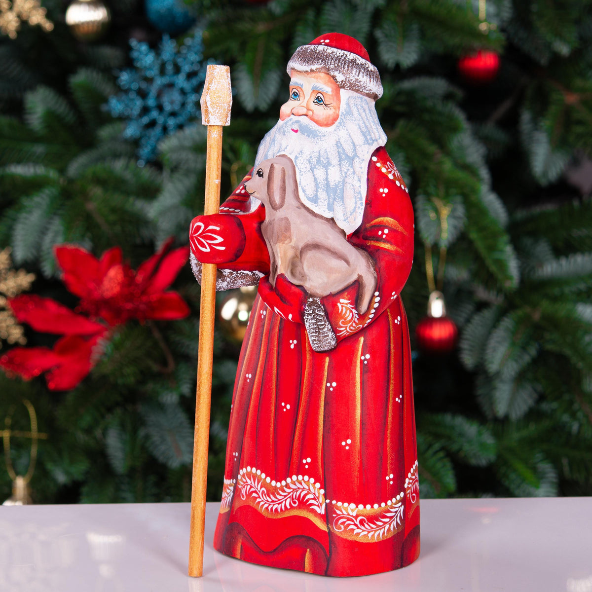 Hand Carved Wooden Santa Figurine with Puppy: Folk Art Christmas Decor