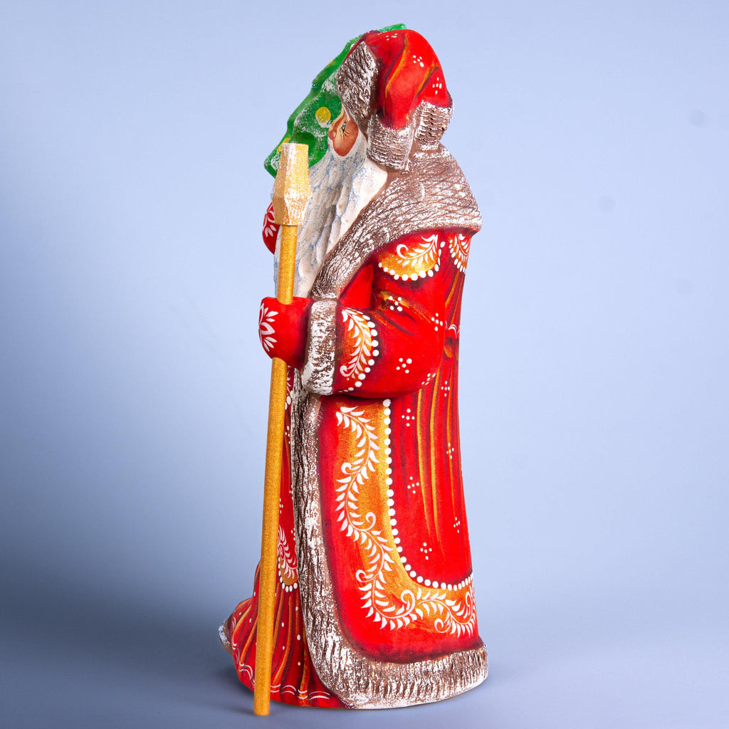Hand Carved Santa Figurine: Red & Gold Robe, Wooden Christmas Mantel Decor