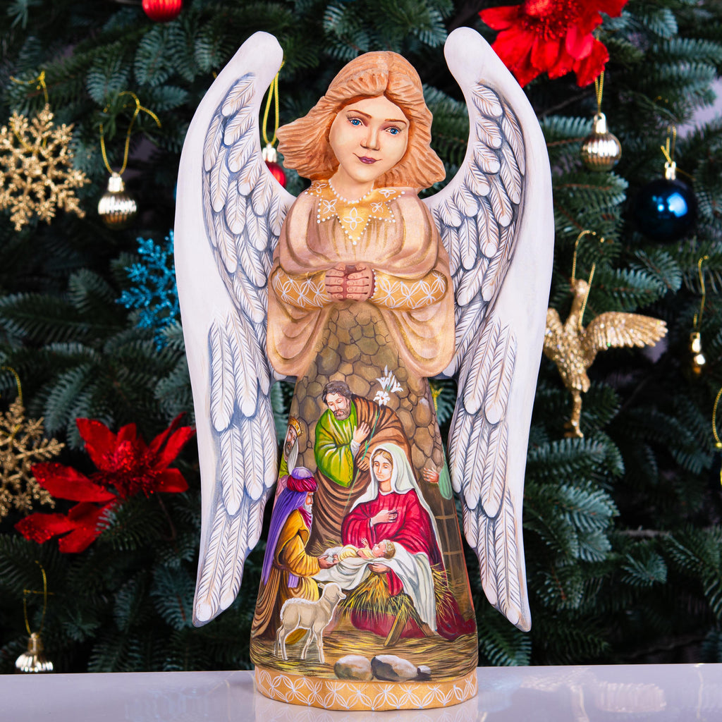 Wooden Angel Statue 12.9", Hand Carved, Nativity Art, Christian Decor
