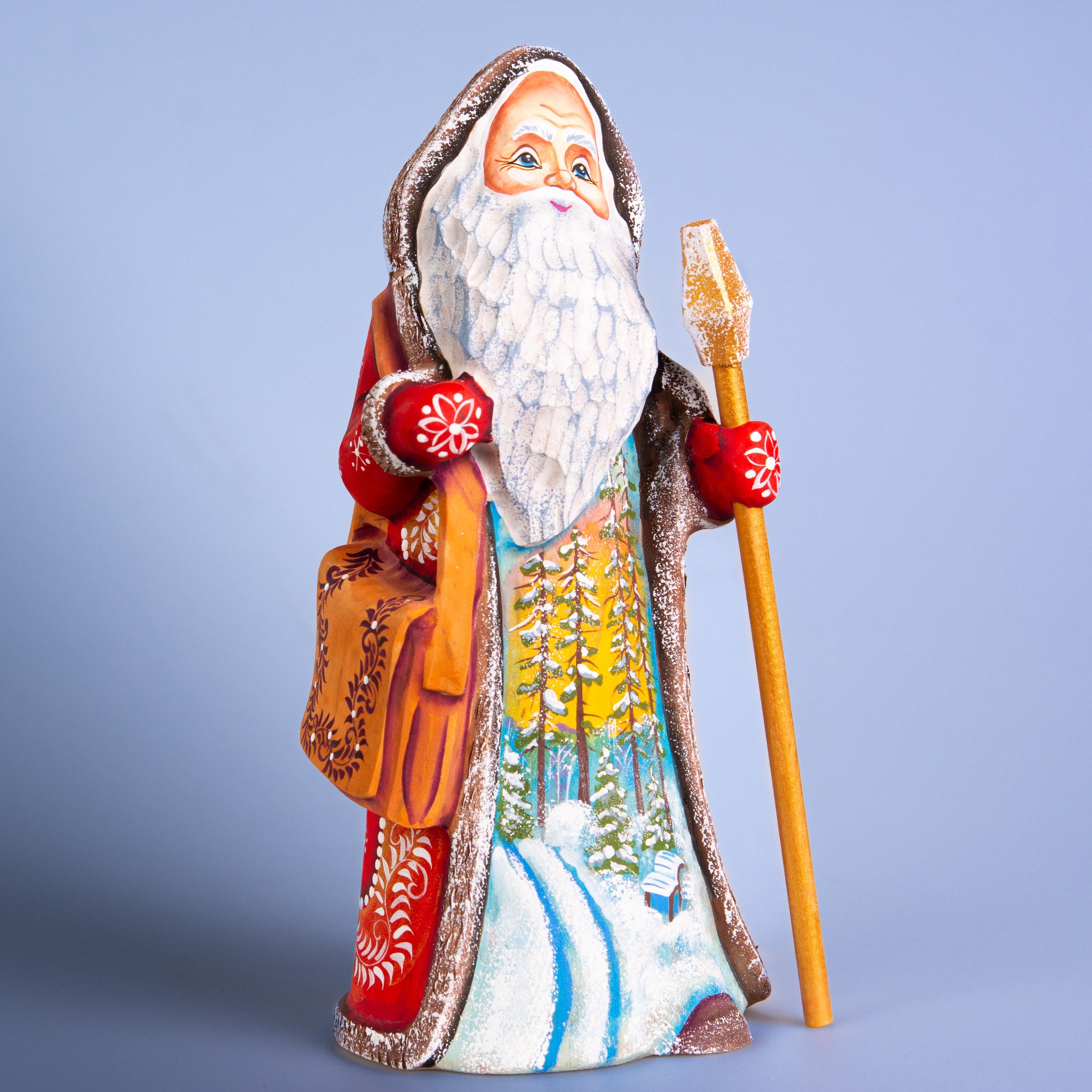 Hand carved Santa wooden figurine 9.1 inch with staff, winter forest scene mantel decor