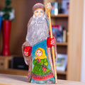 Santa figurine with staff, folk art hand painted girl scene, 8.3 inch