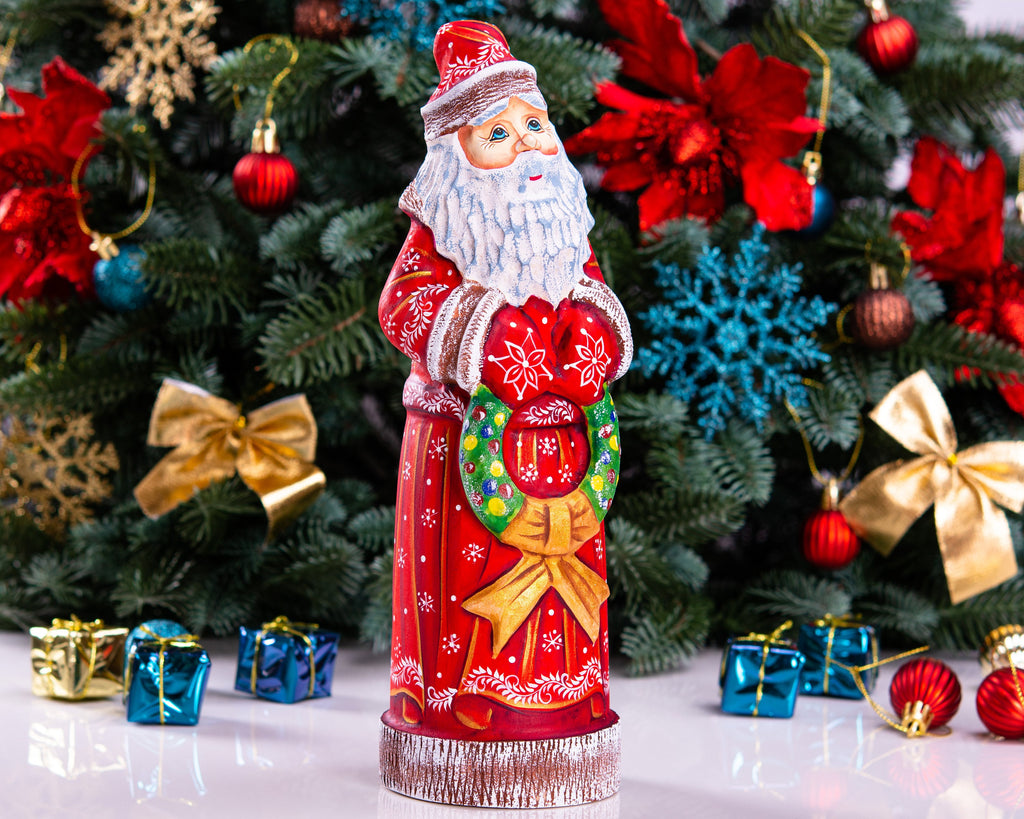 Hand carved Santa wooden figurine 11.4 inch, wreath Christmas decor