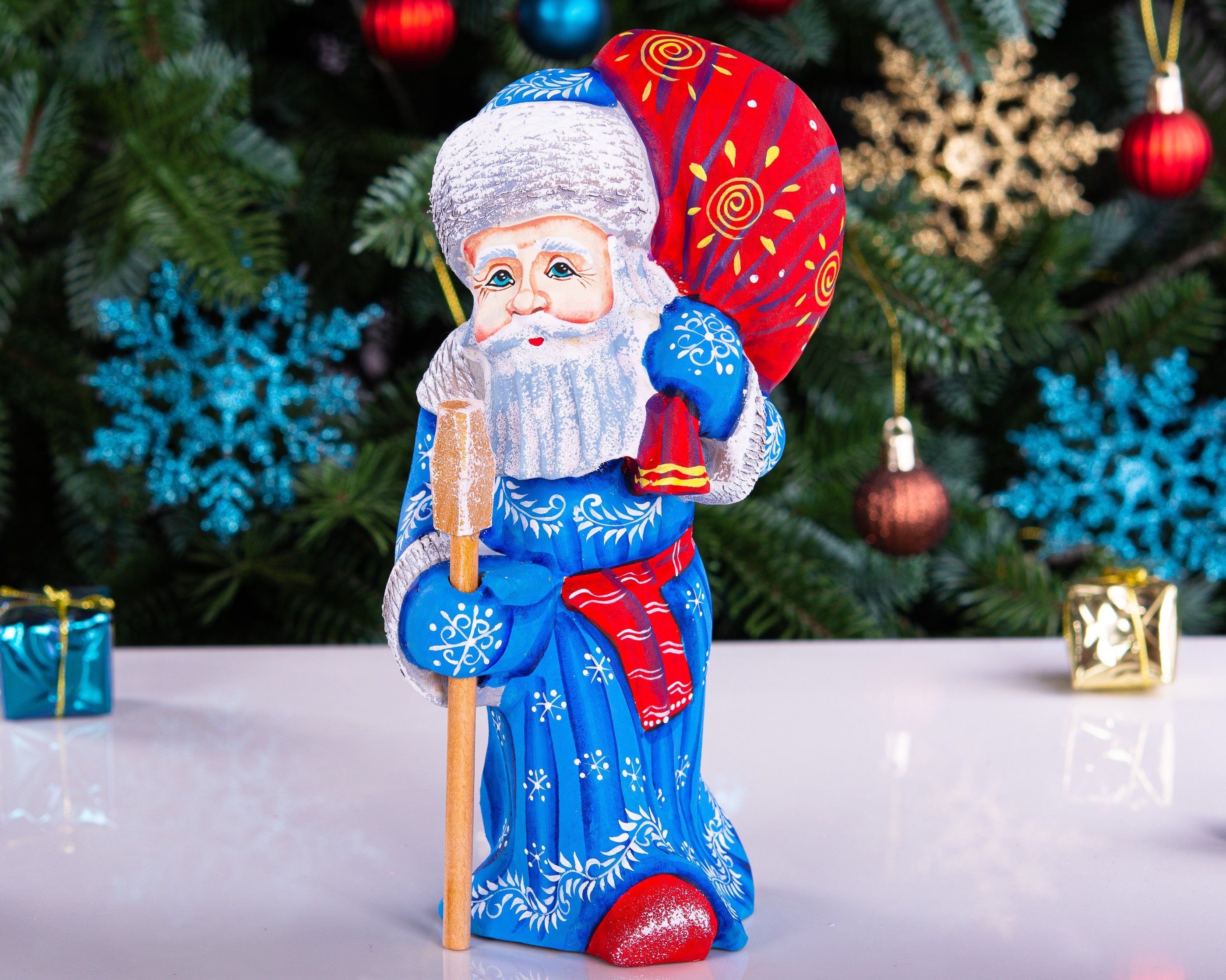 Hand carved blue Santa wooden figurine 7.9 inch, gift sack and staff, centerpiece