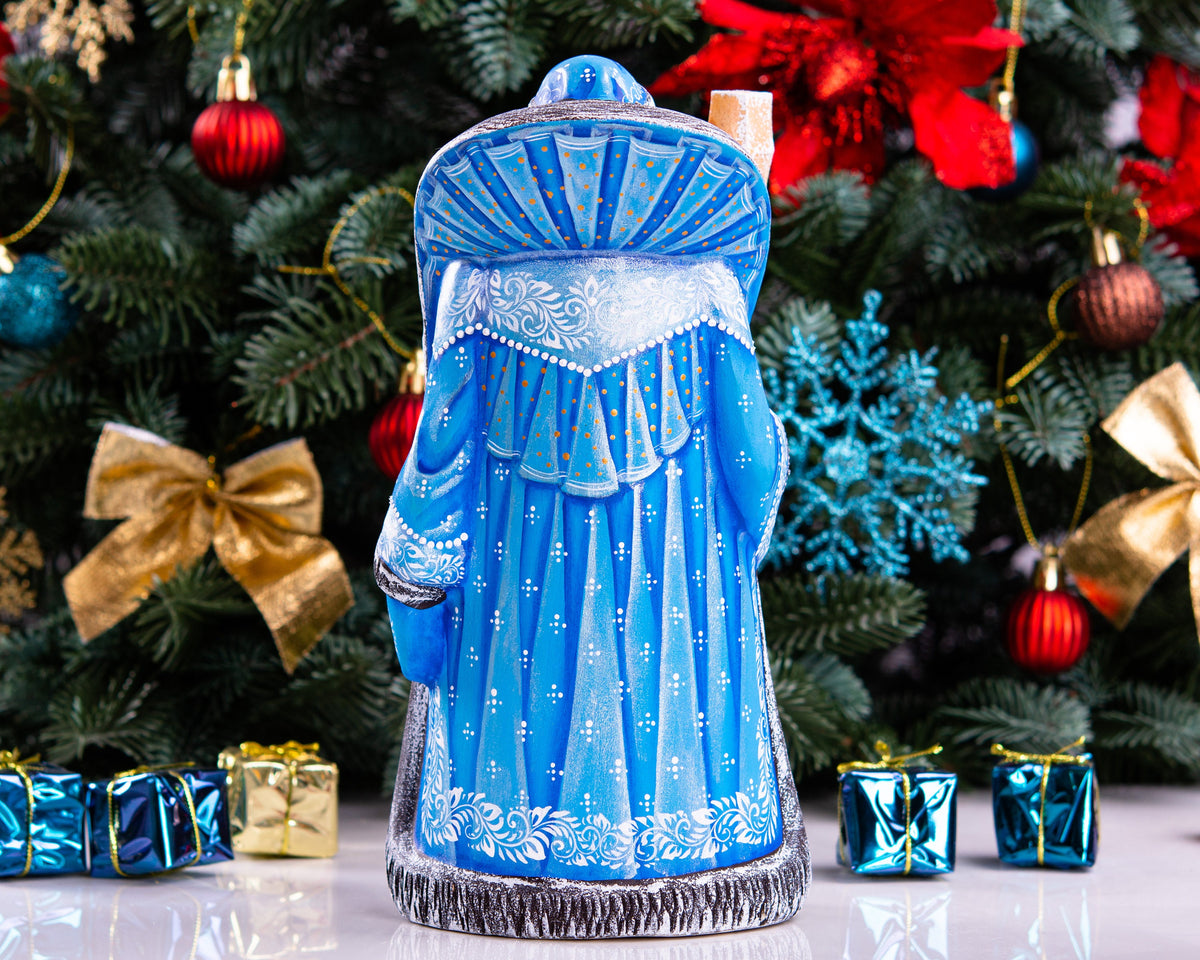 Hand carved wooden Santa figurine 9.4 inch, Nutcracker scene, blue coat, holiday mantel display