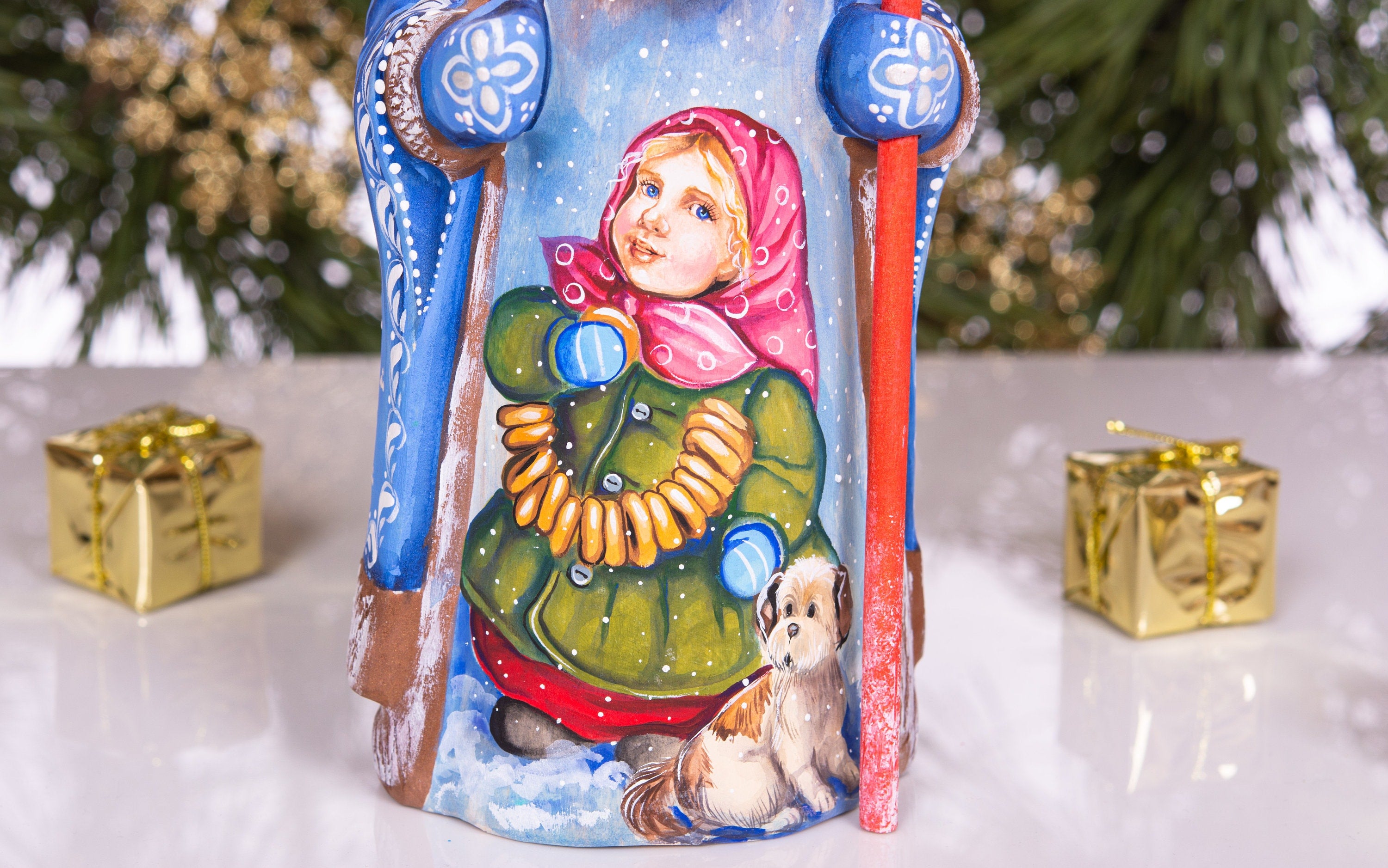 Father Christmas wooden figurine 9 inch, blue Santa, village child and dog, mantel display