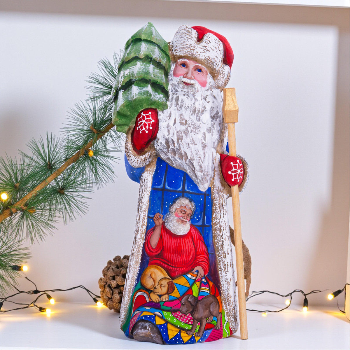 Hand-Carved Wooden Santa Claus Figurine: Christmas Holiday Decor
