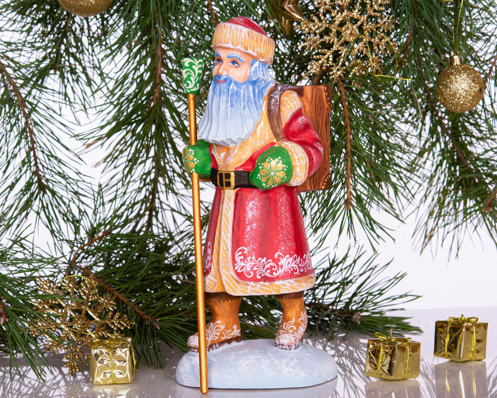 Hand carved wooden Santa figurine 11 inch, cuckoo clock bullfinch scene, Christmas home accent