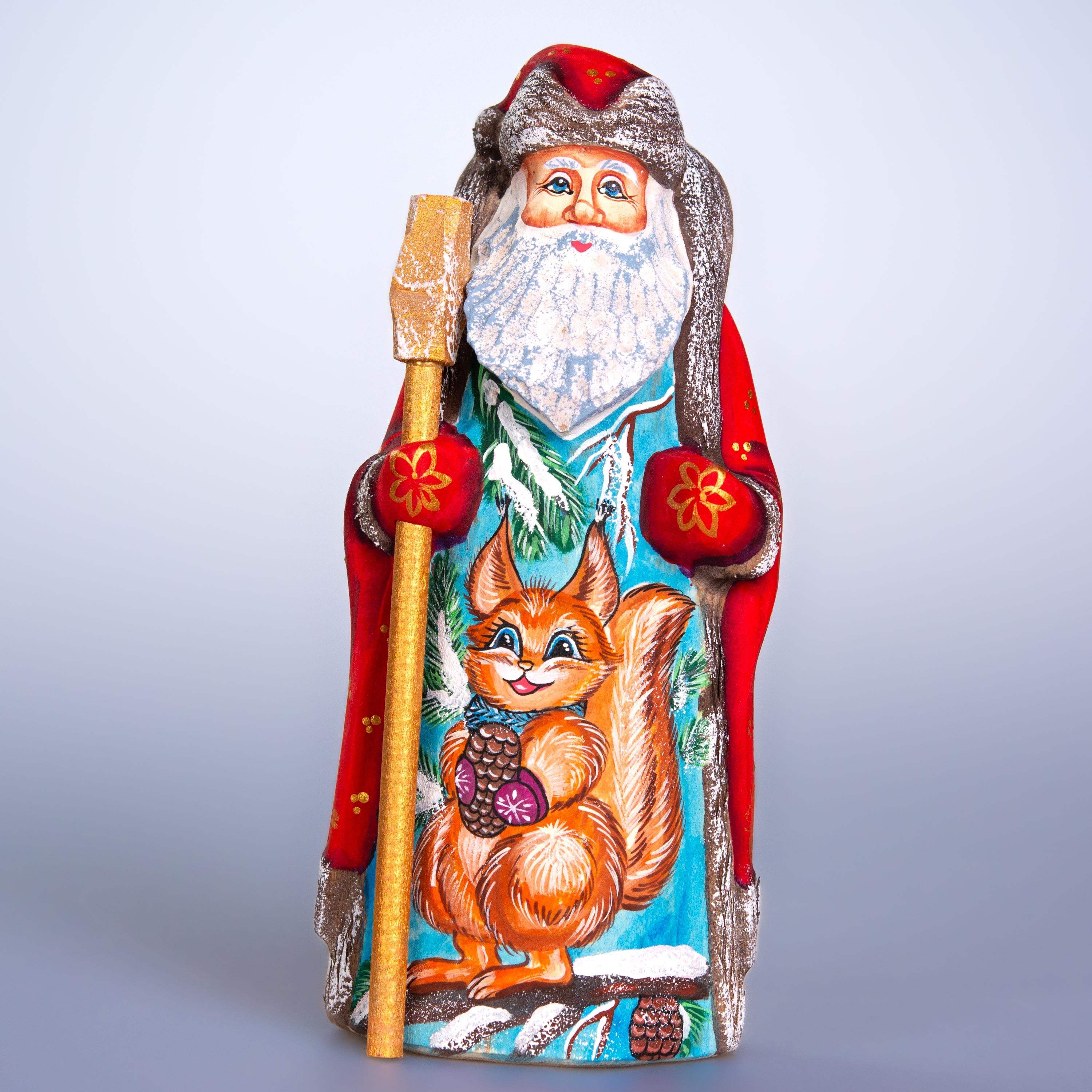 Hand carved wooden Santa figurine 7 inch, squirrel woodland scene, staff, holiday shelf decor