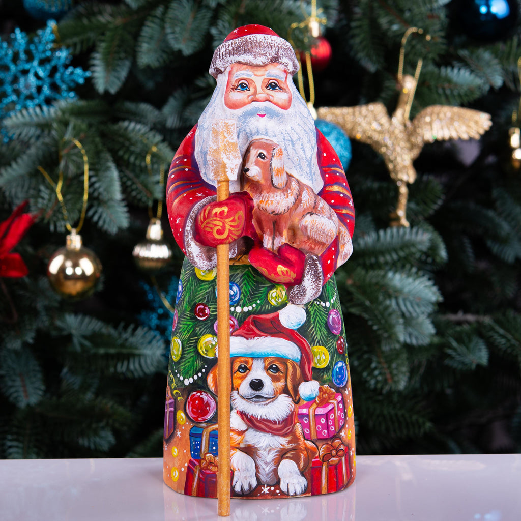 Hand Carved Santa Claus Figurine with Dog: Painted Wood Christmas Decor