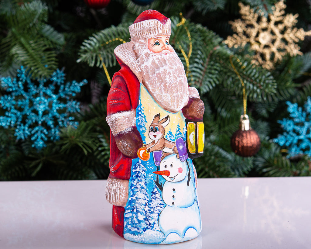 Hand carved wooden Santa figurine 7 inch, snowman and rabbit scene, mantel display