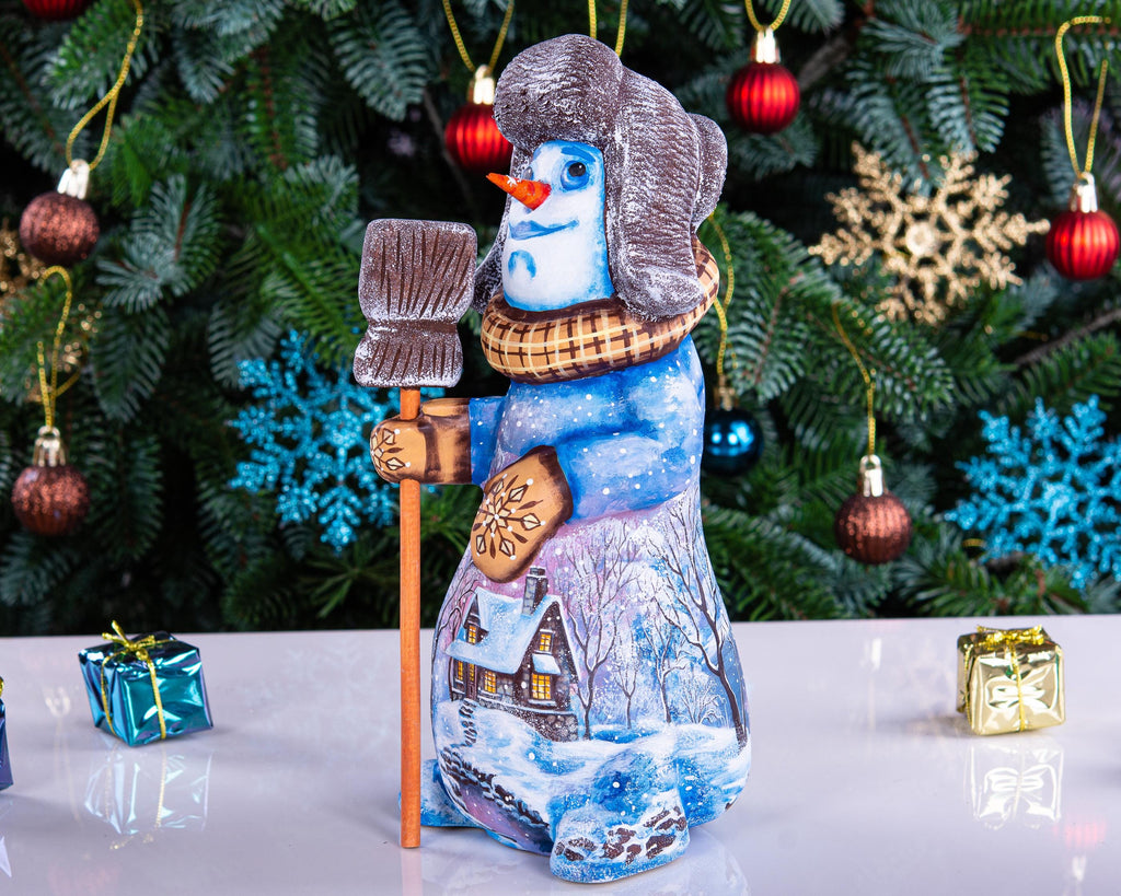 Snowman figurine in ushanka, hand painted landscape, 9.1 inch