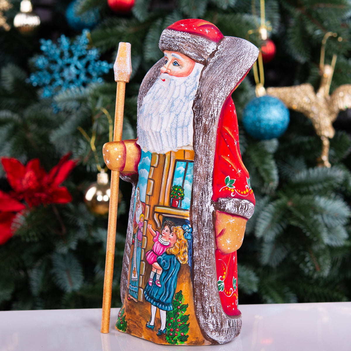 Collectible Santa figurine, folk art children and toys scene, 9.4 inch