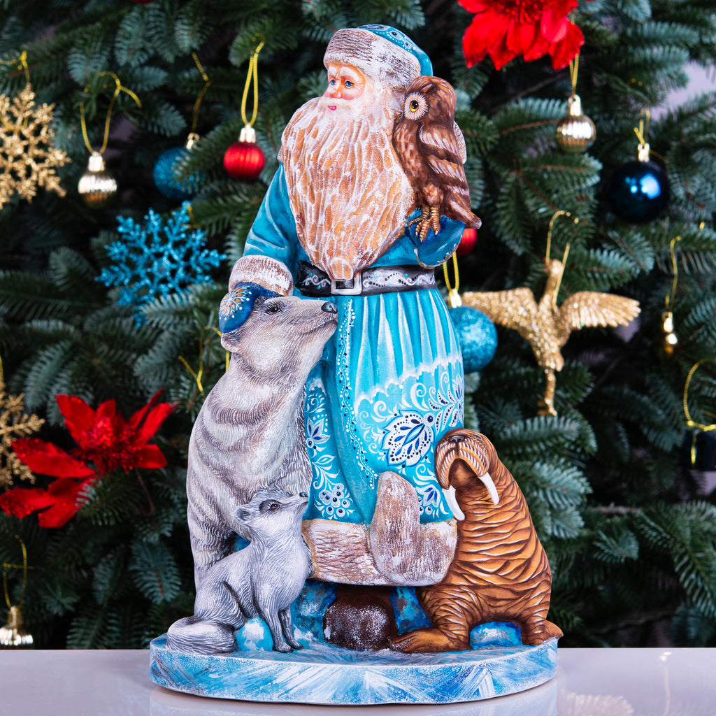 Hand carved Old-World Santa wooden figurine 14 inch, Arctic wildlife scene, mantel decor
