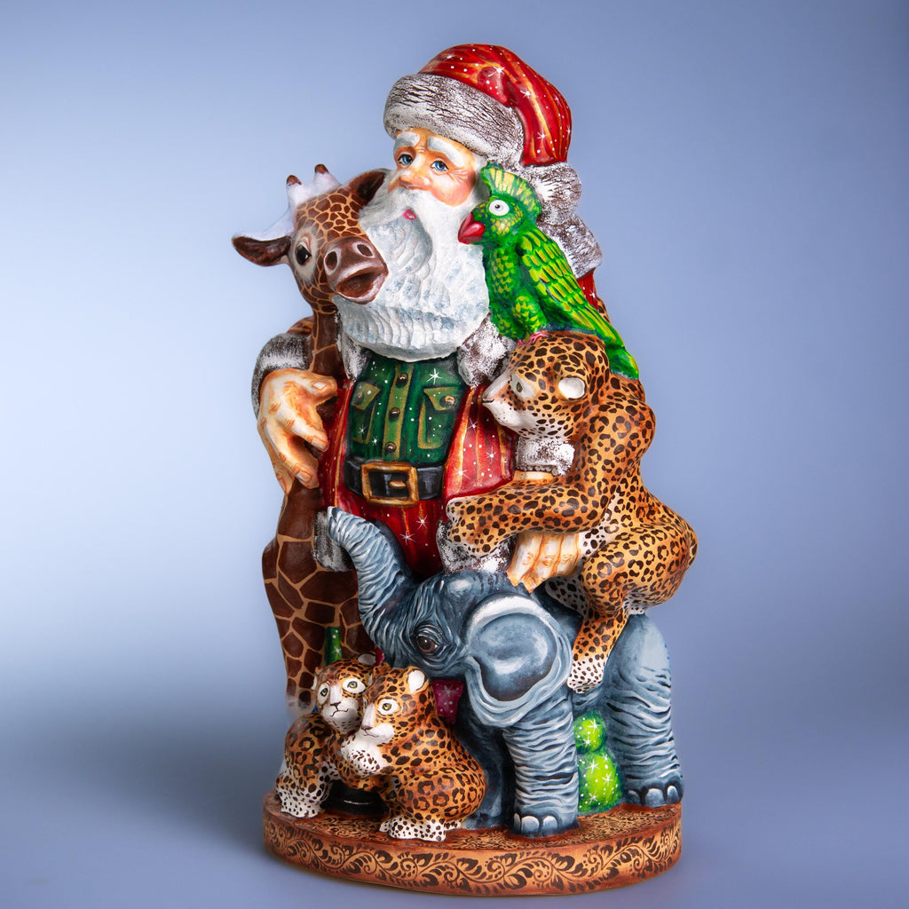 Collector Wooden Santa figure 14 inch, folk art safari animal scene