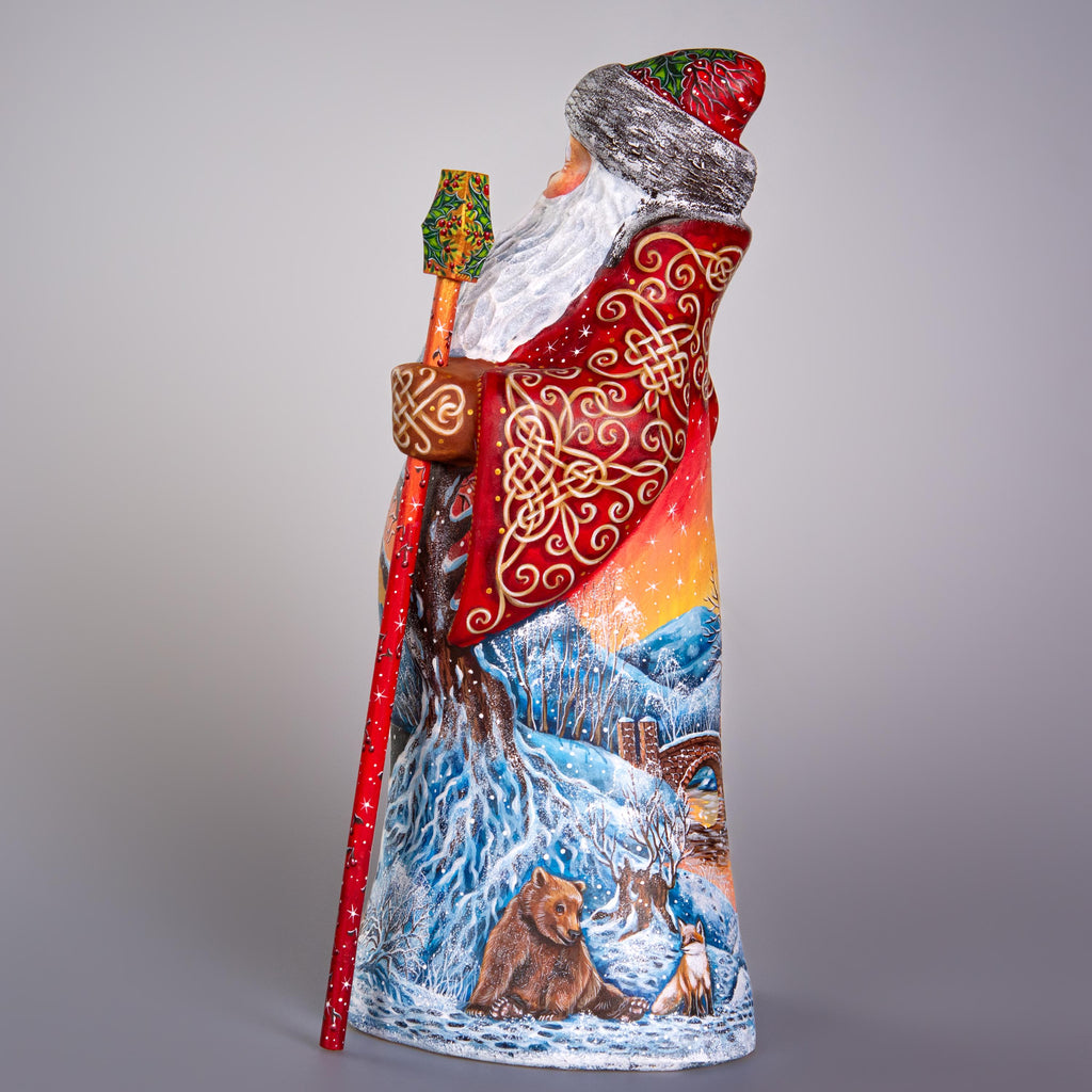 Hand carved wooden Santa figurine 13 inch, winter landscape scene, holiday centerpiece
