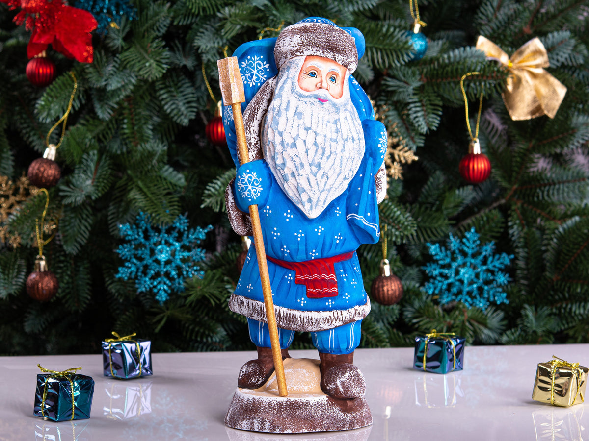 Hand carved blue Santa figurine 11 inch, gift sack, mantel decor