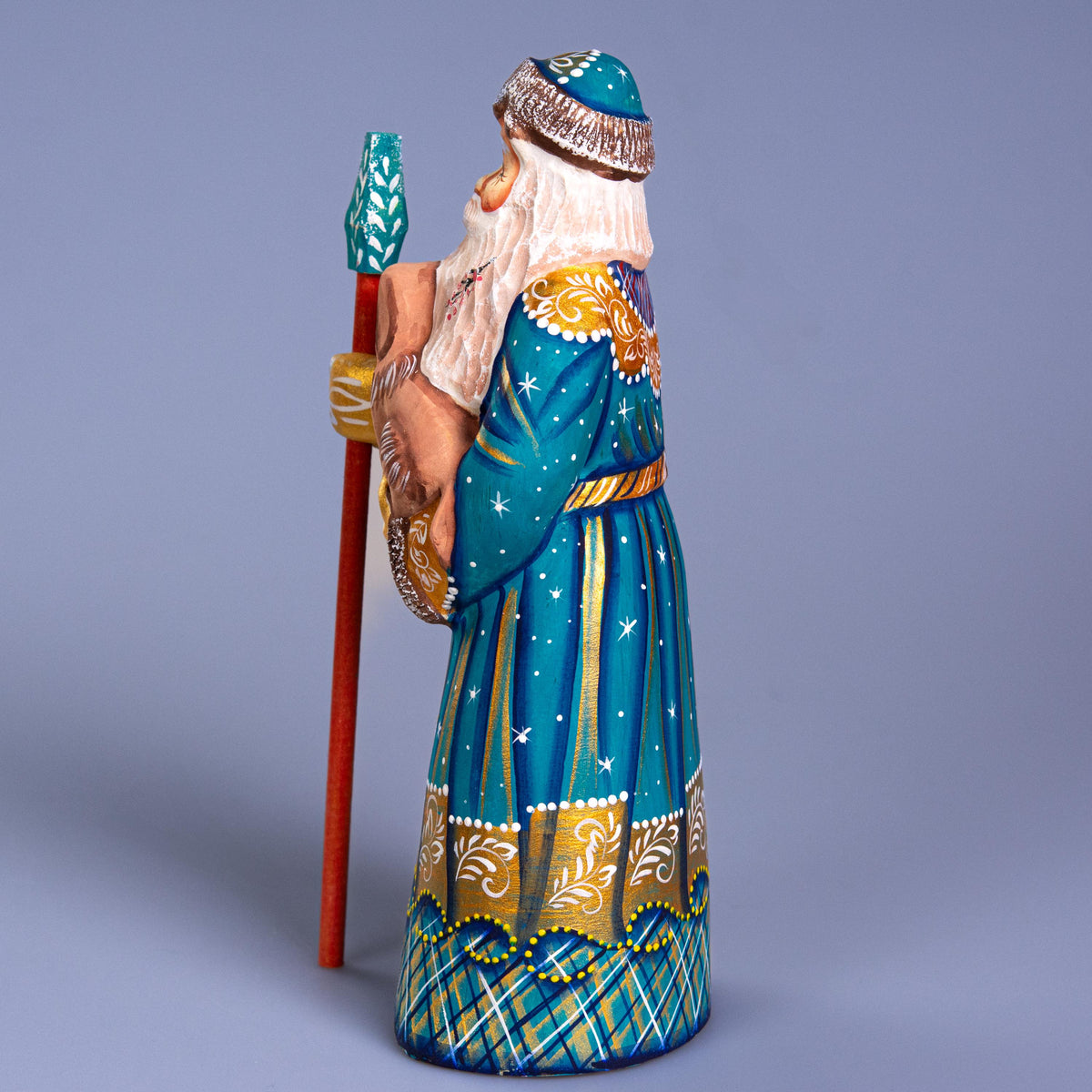 Hand Carved Wooden Santa Figurine with Dog 9 inch: Blue & Gold St. Nicholas