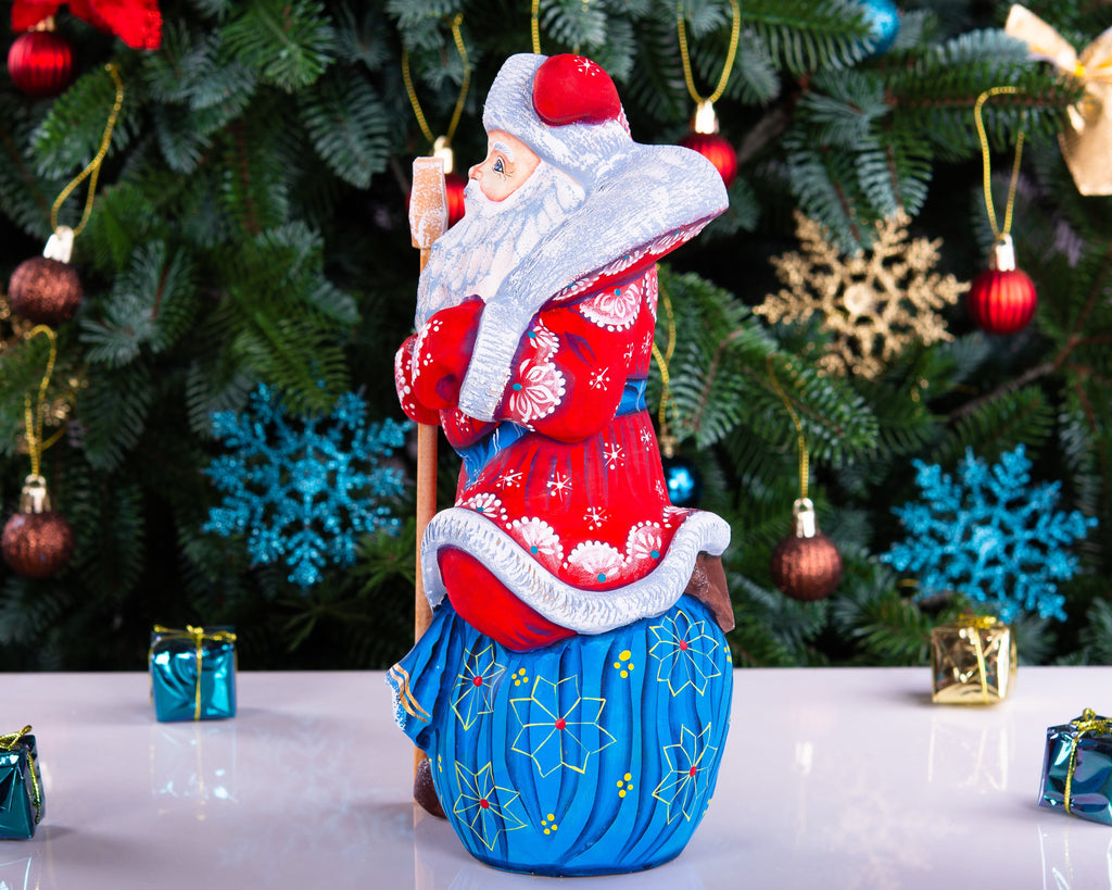 Hand carved wooden Santa figurine 9.4 inch, toy sack and staff, holiday mantel decor