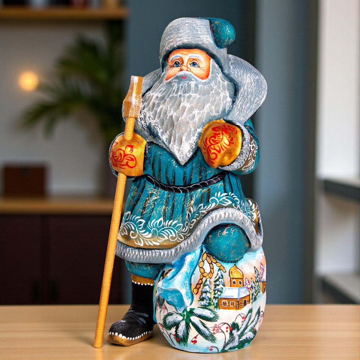 Father Christmas wooden figurine 9.7 inch, winter village scene, bird lovers decor
